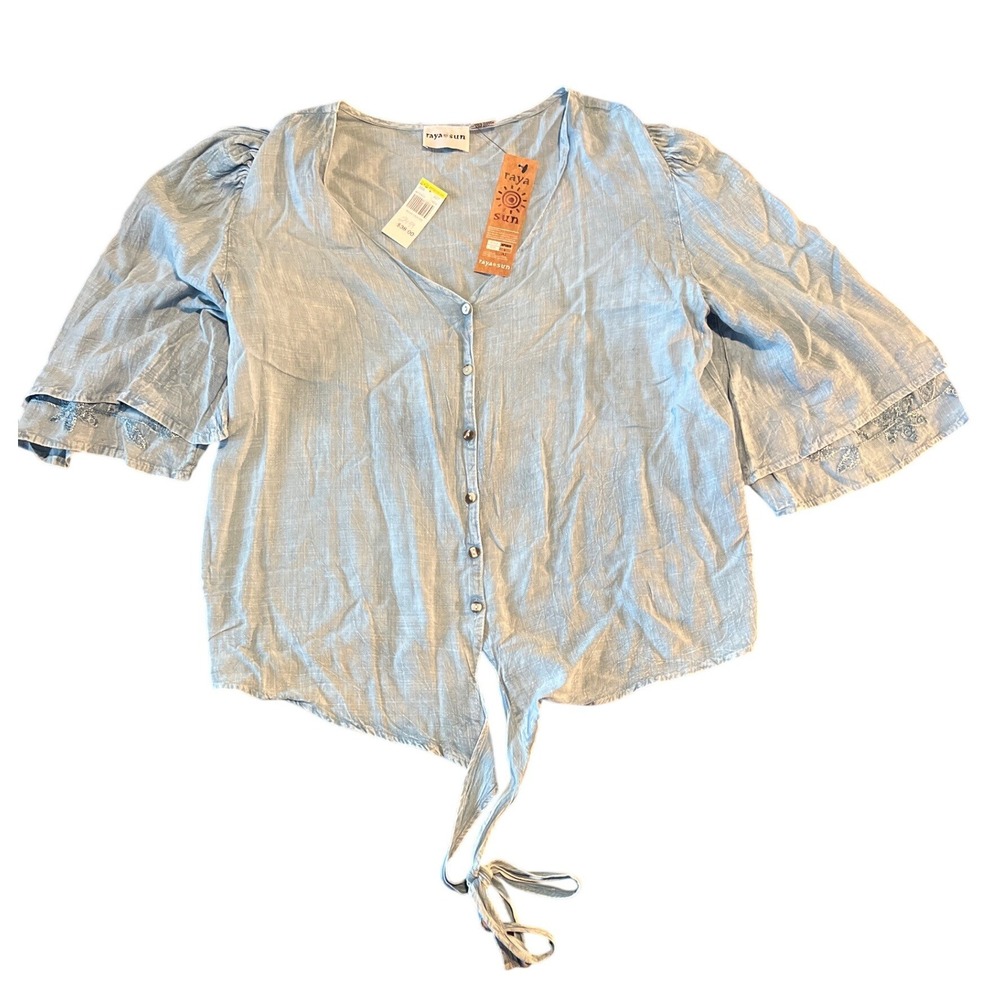 Raya Sun Blue Embroidered Flutter Sleeve Tie Front Blouse WPS820 Large NWT